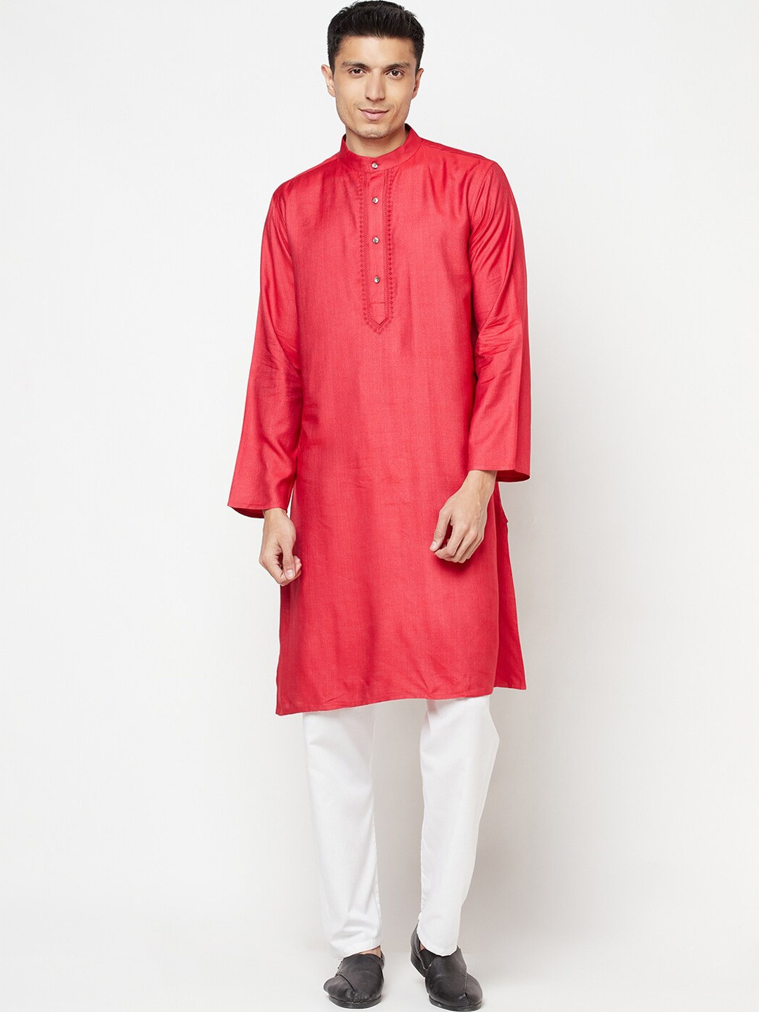 

Fabindia Men Red Yoke Design Thread Work Kurta