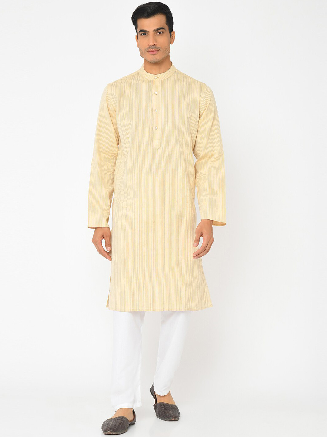 

Fabindia Men Beige & White Striped Cotton Dobby Kurta