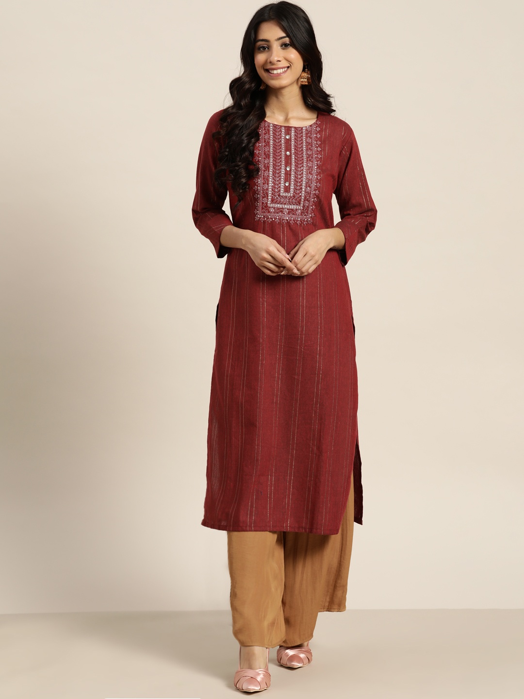 

Sangria Women Maroon Ethnic Motifs Embroidered Thread Work Kurta