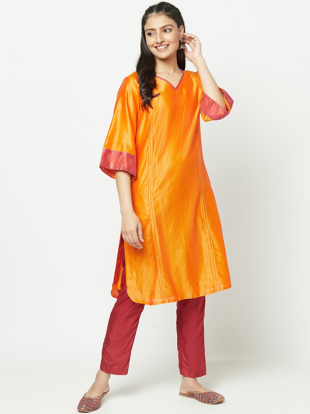 

Fabindia Women Yellow Embroidered Flared Sleeves Thread Work Kurta