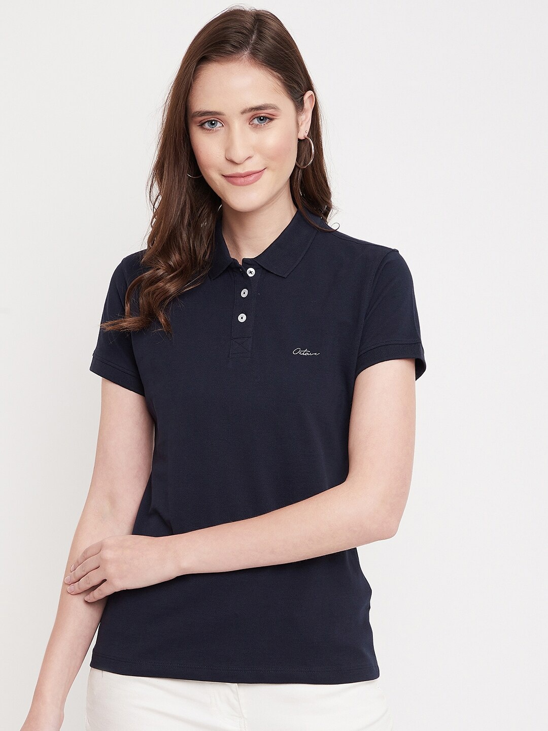 

Octave Women Navy Blue Polo Collar T-shirt
