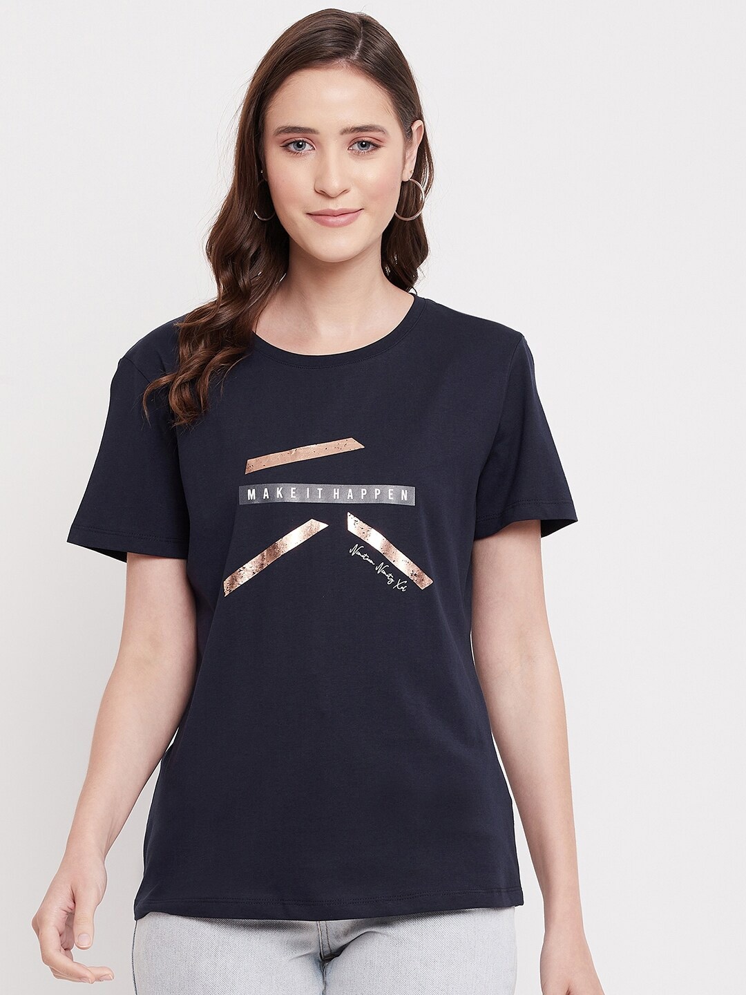 

Octave Women Navy Blue Printed Pure Cotton T-shirt