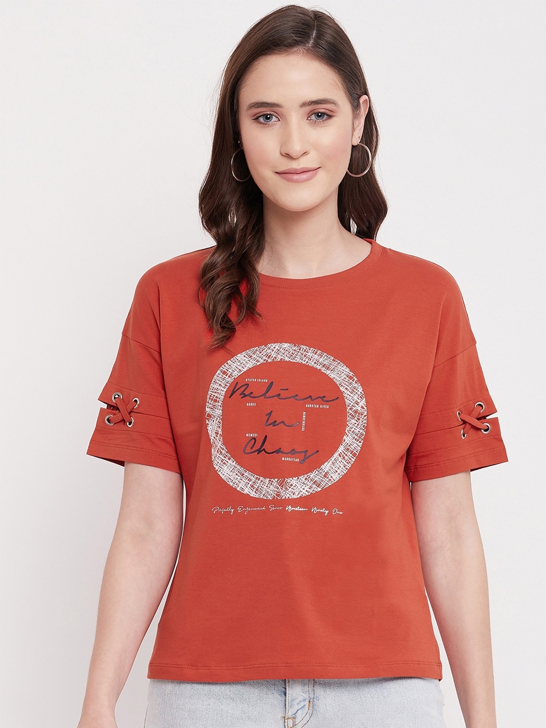 

Octave Women Rust Typography Printed T-shirt