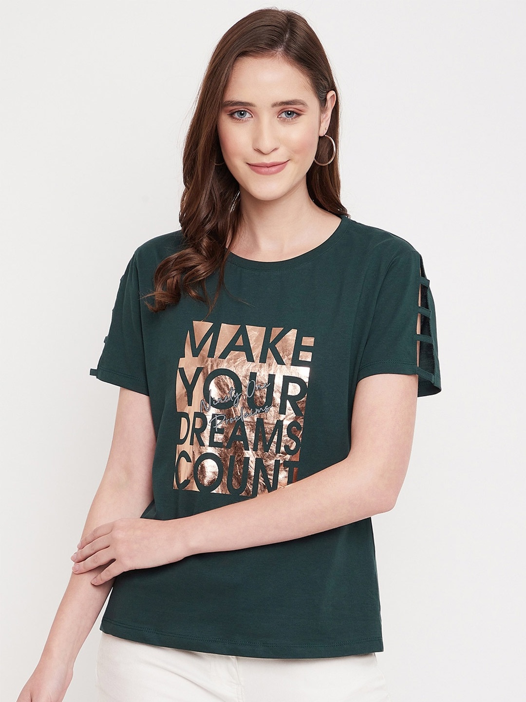 

Octave Women Green Typography Printed Cotton T-shirt
