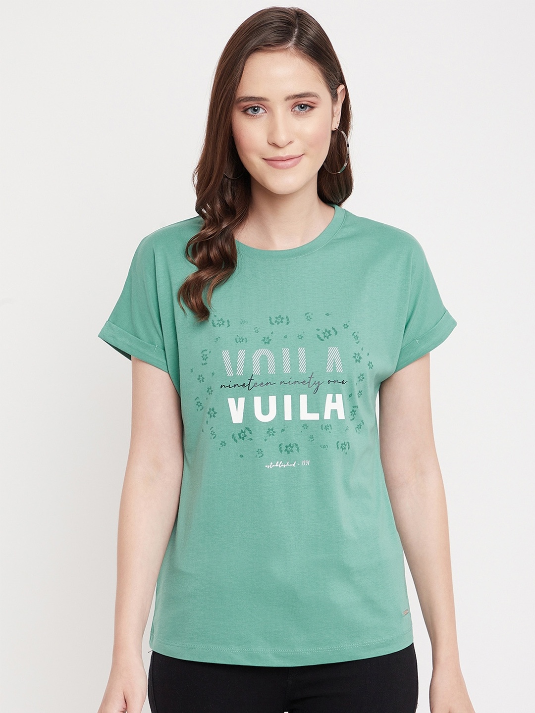 

Octave Women Green Typography Printed Extended Sleeves T-shirt