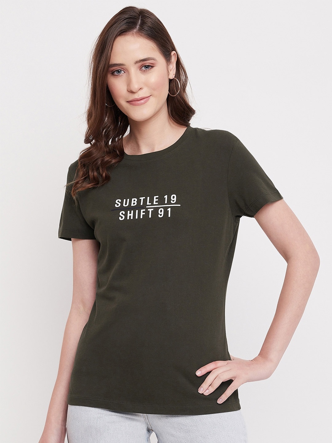 

Octave Women Olive Green Typography Printed Cotton T-shirt