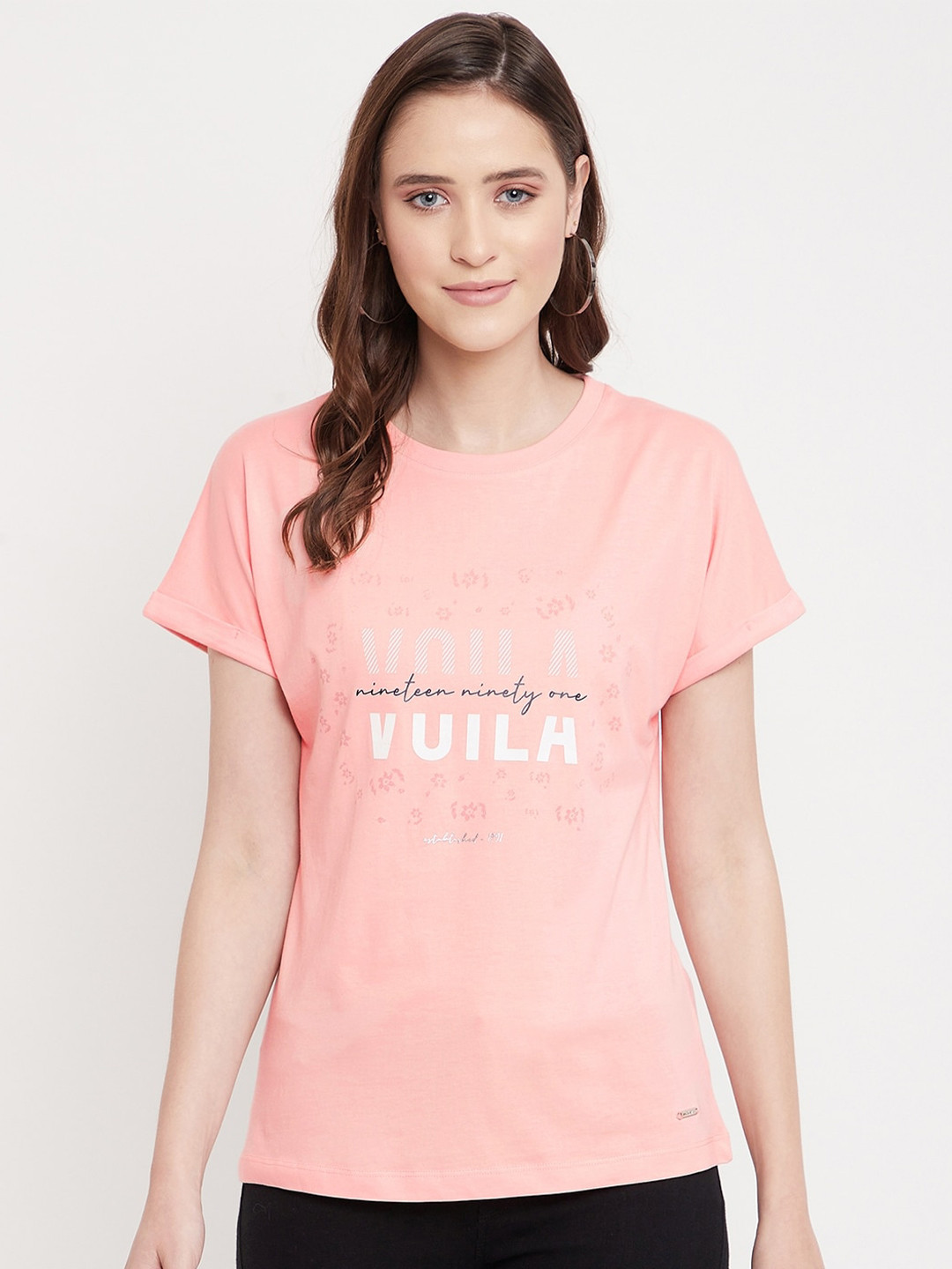 

Octave Women Peach-Coloured Typography Printed Extended Sleeves T-shirt
