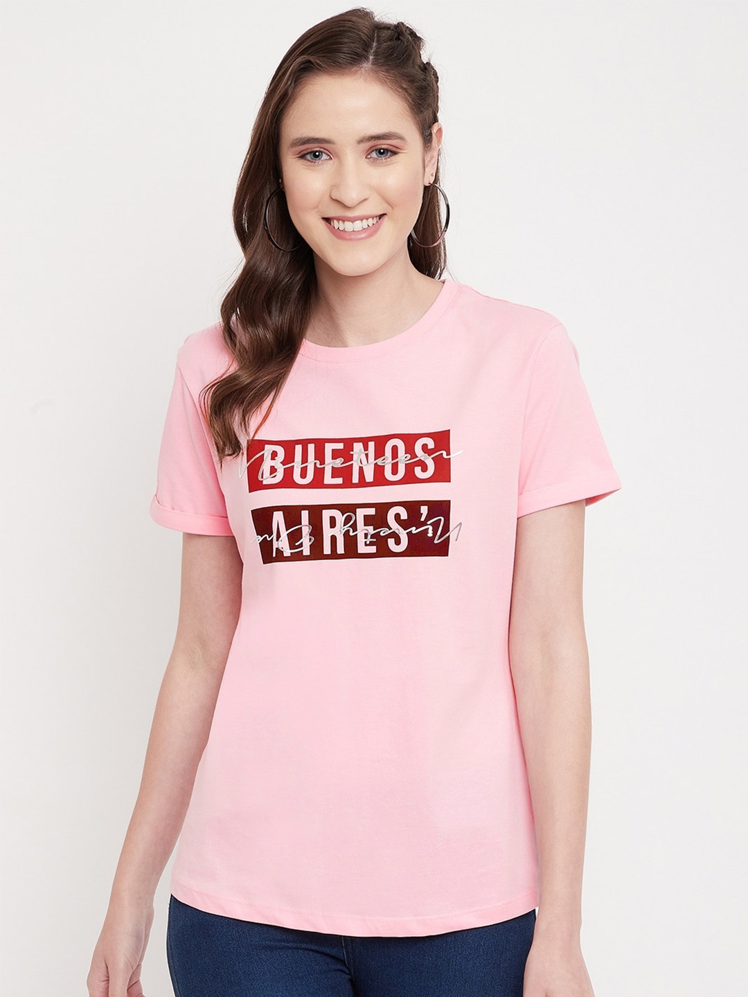 

Octave Women Pink Typography Printed Pure Cotton T-shirt