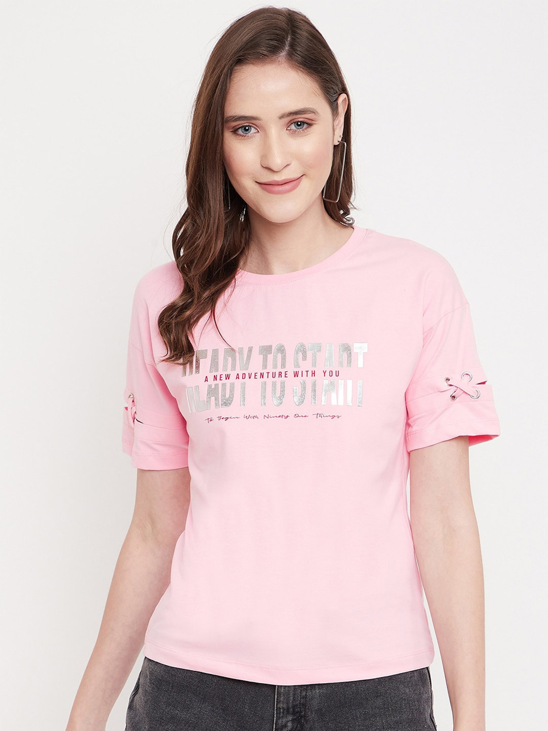 

Octave Pink Typography Printed Knitted Top