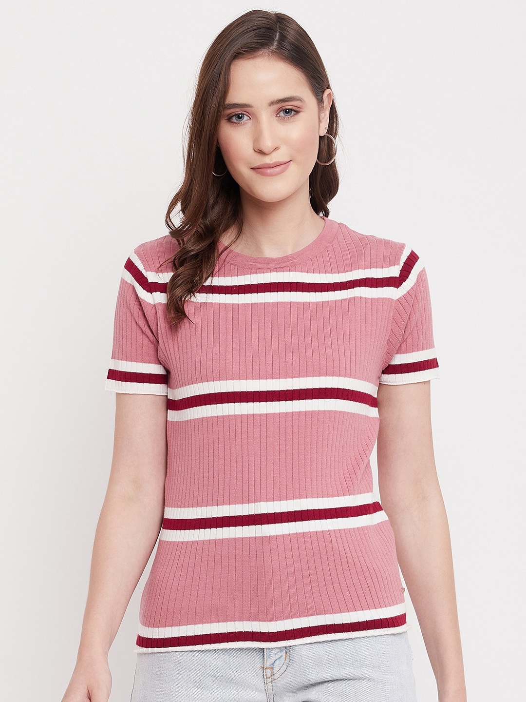 

Octave Women Pink Striped Cotton T-shirt