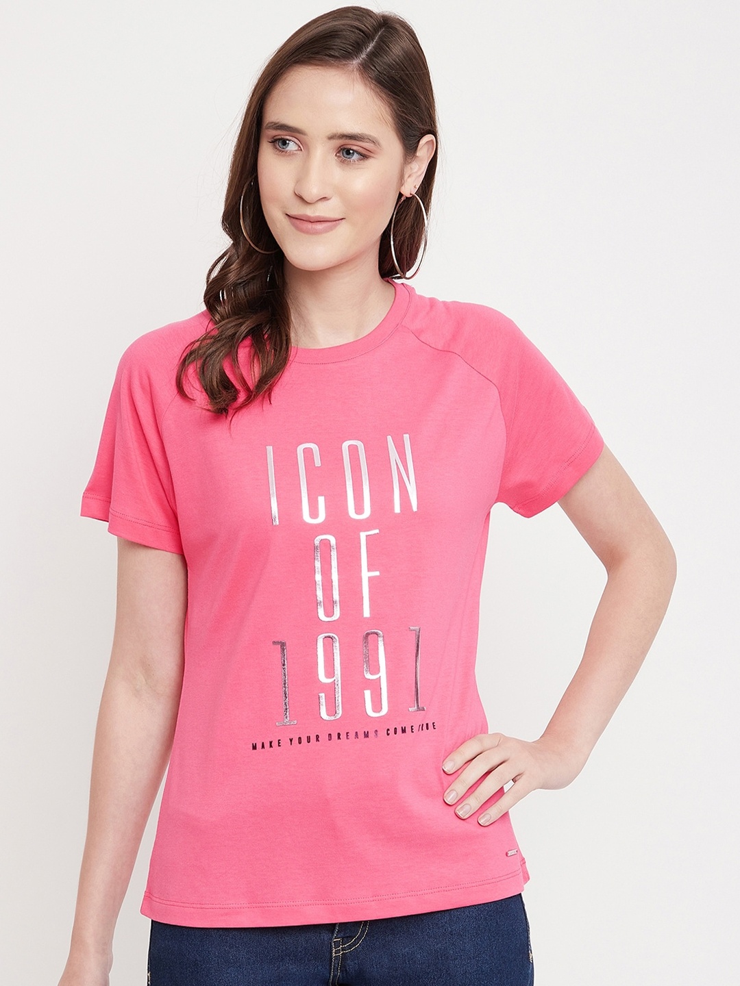 

Octave Women Pink Typography Printed Raglan Sleeves Pure Cotton T-shirt