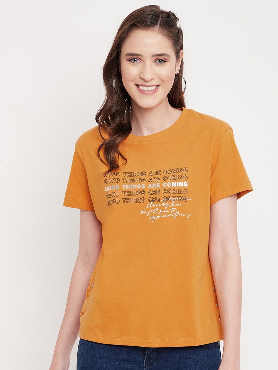 Octave Women Mustard Yellow Typography 100% Cotton T-shirt