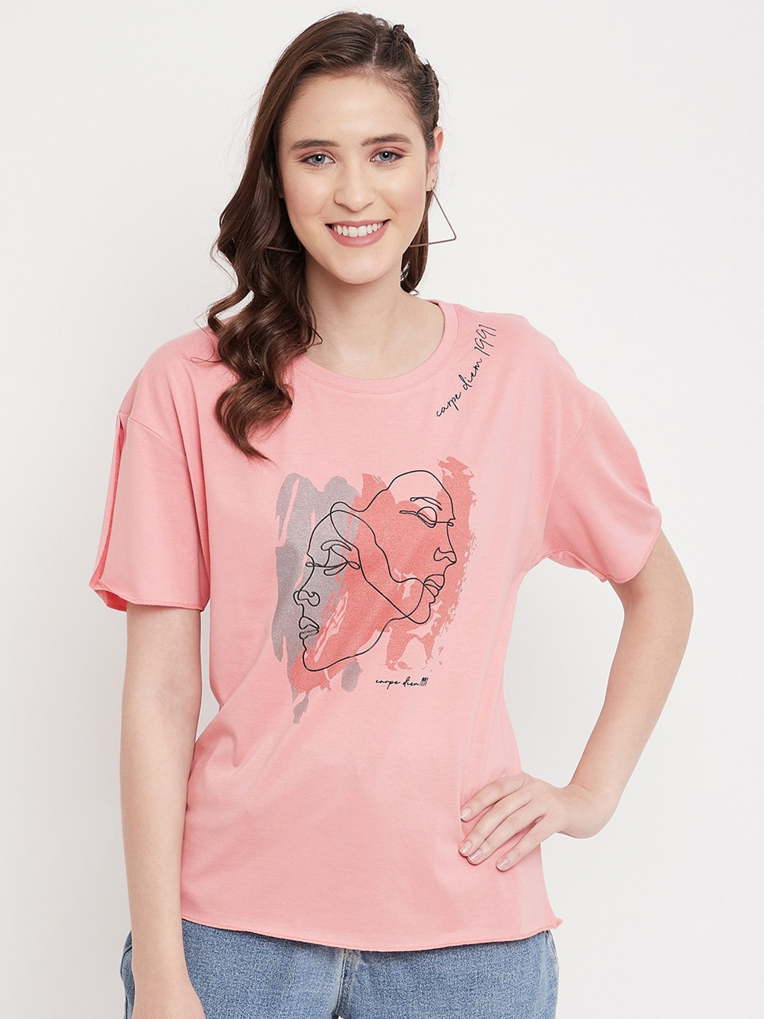 

Octave Women Pink Typography Printed Drop-Shoulder Sleeves T-shirt