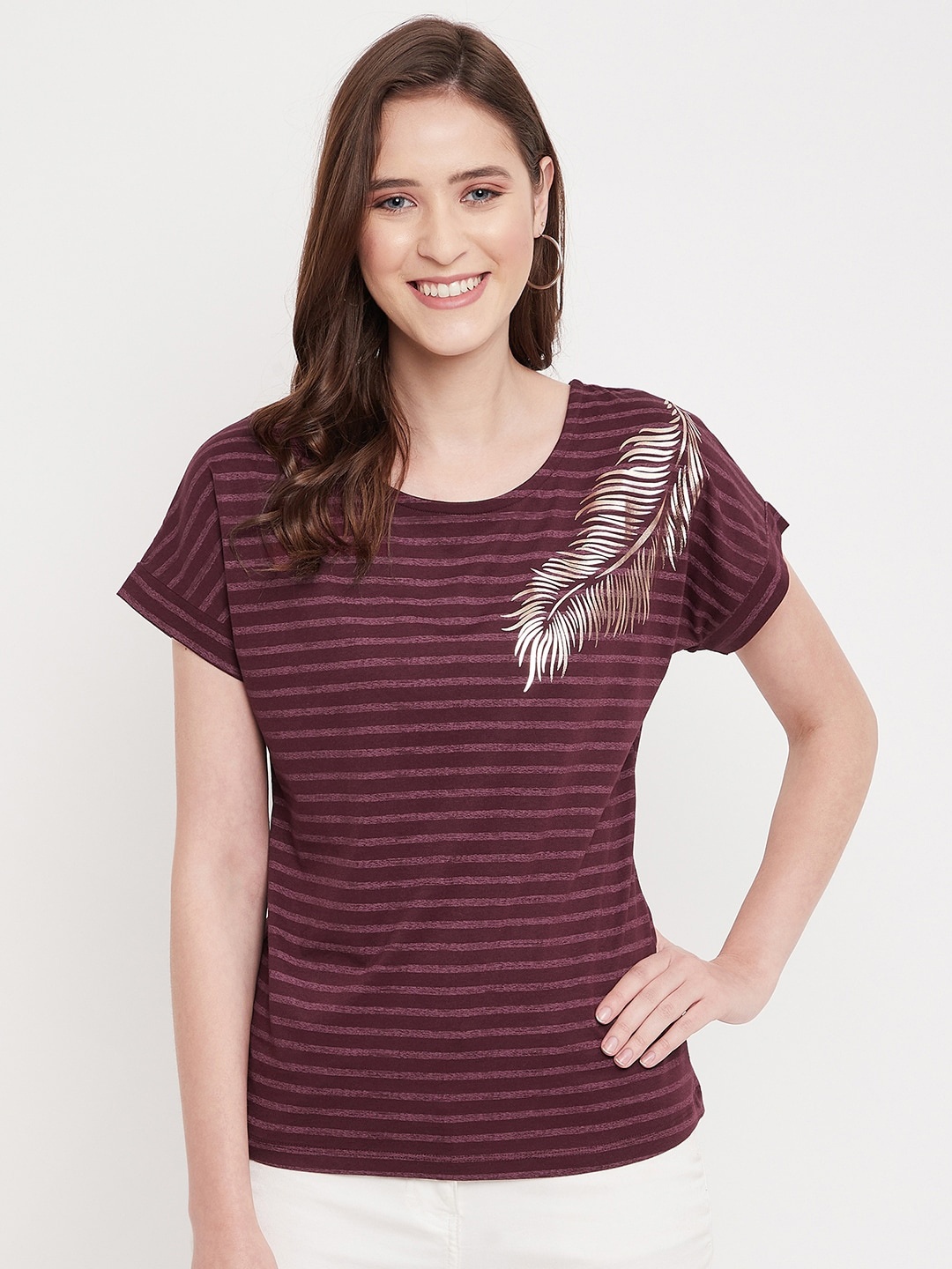 

Octave Women Maroon Striped Cotton T-shirt