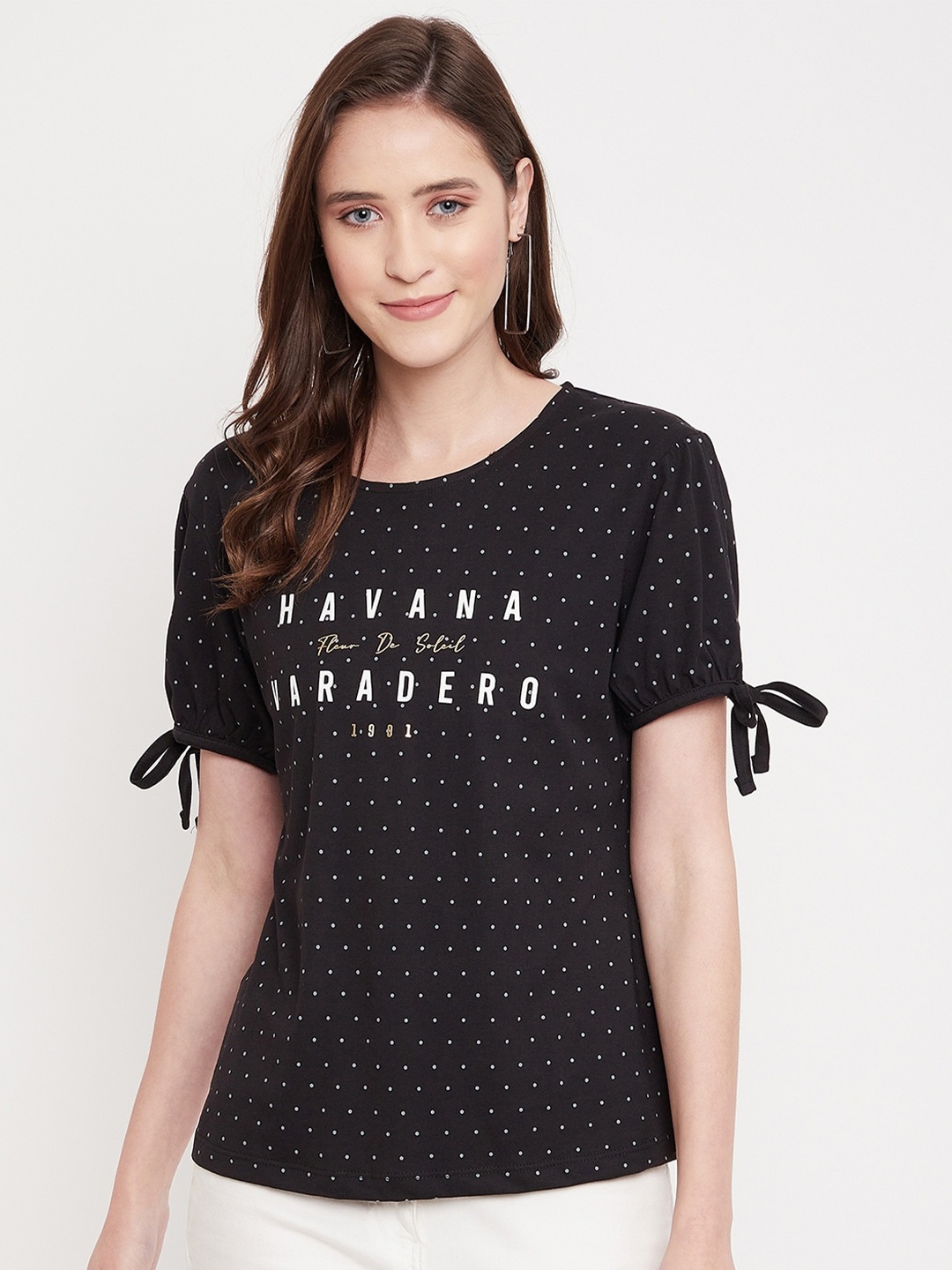 

Octave Women Black Printed Puff Sleeves T-shirt