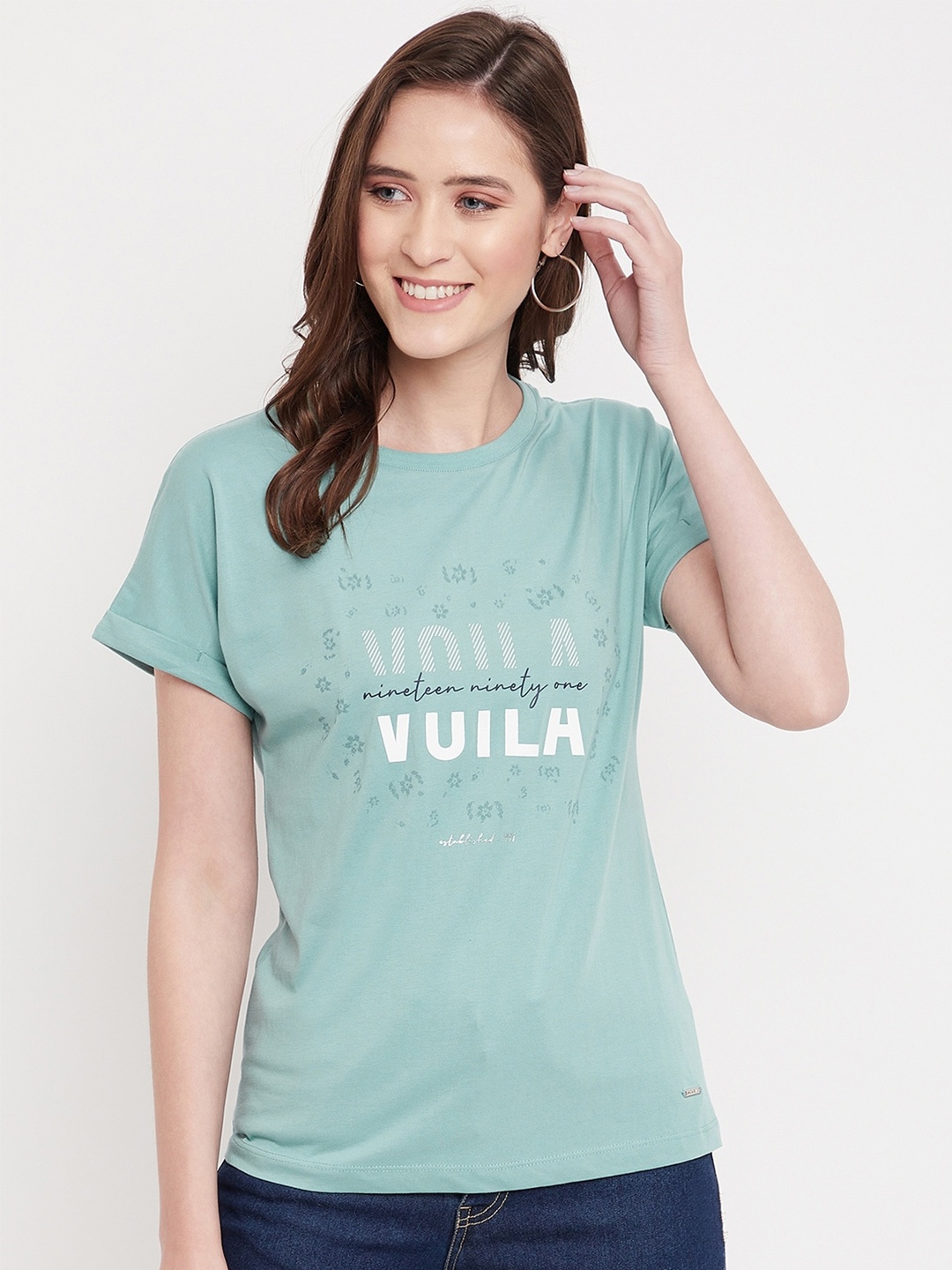

Octave Women Sea Green & White Typography Printed T-shirt