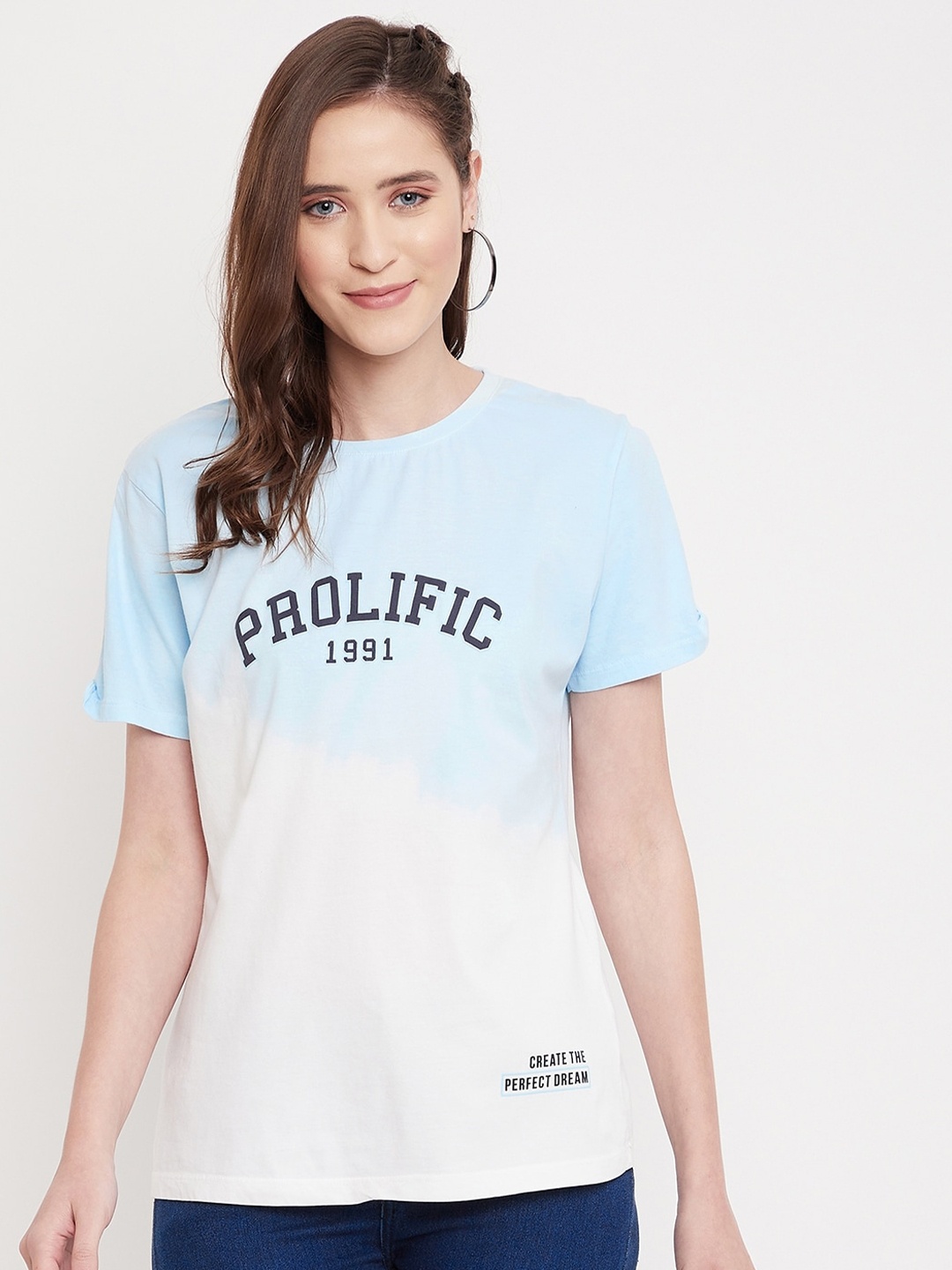 

Octave Women White & Blue Tie and Dye Dyed Pure Cotton T-shirt