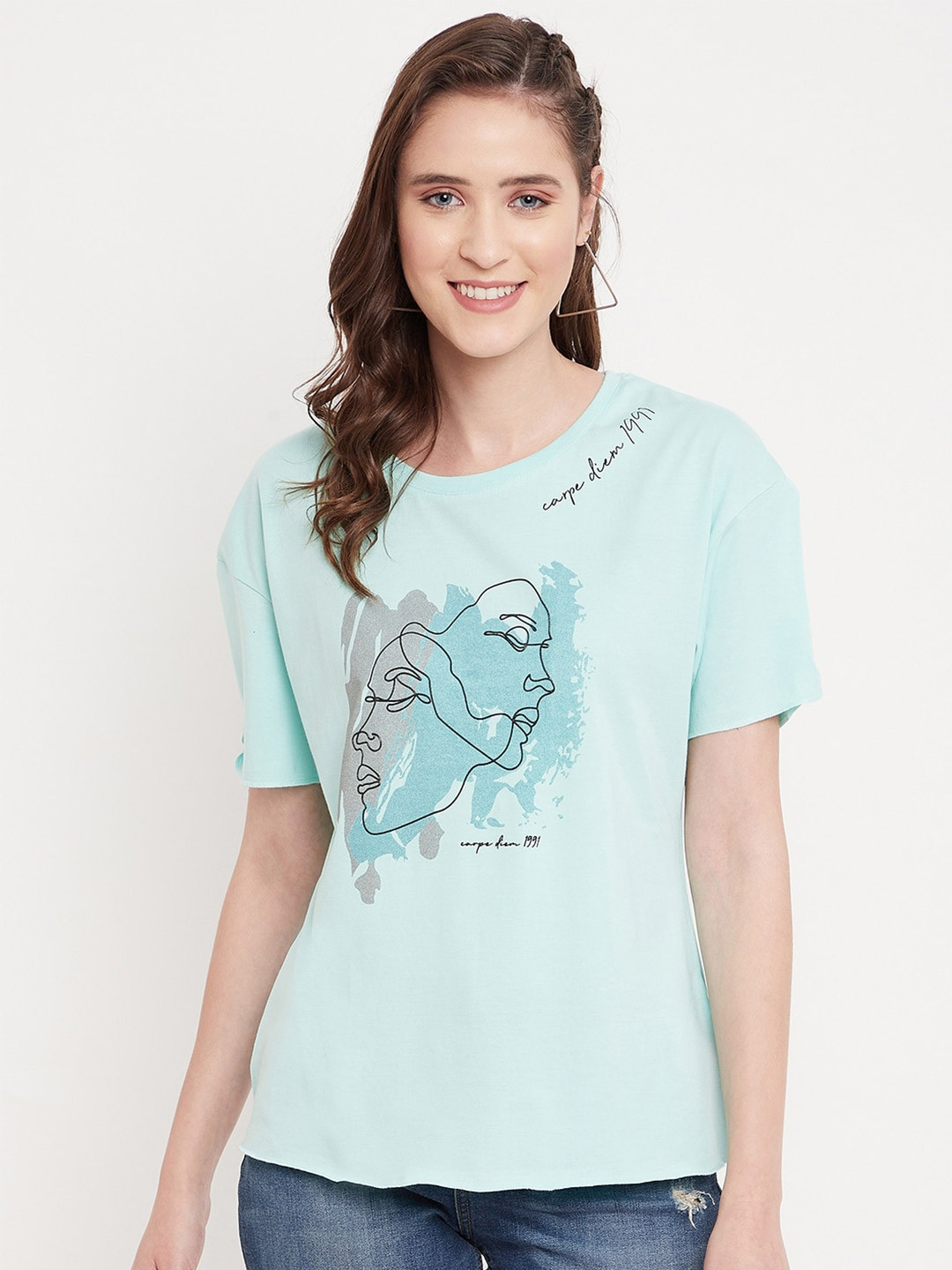 

Octave Women Sea Green Printed Cotton T-shirt