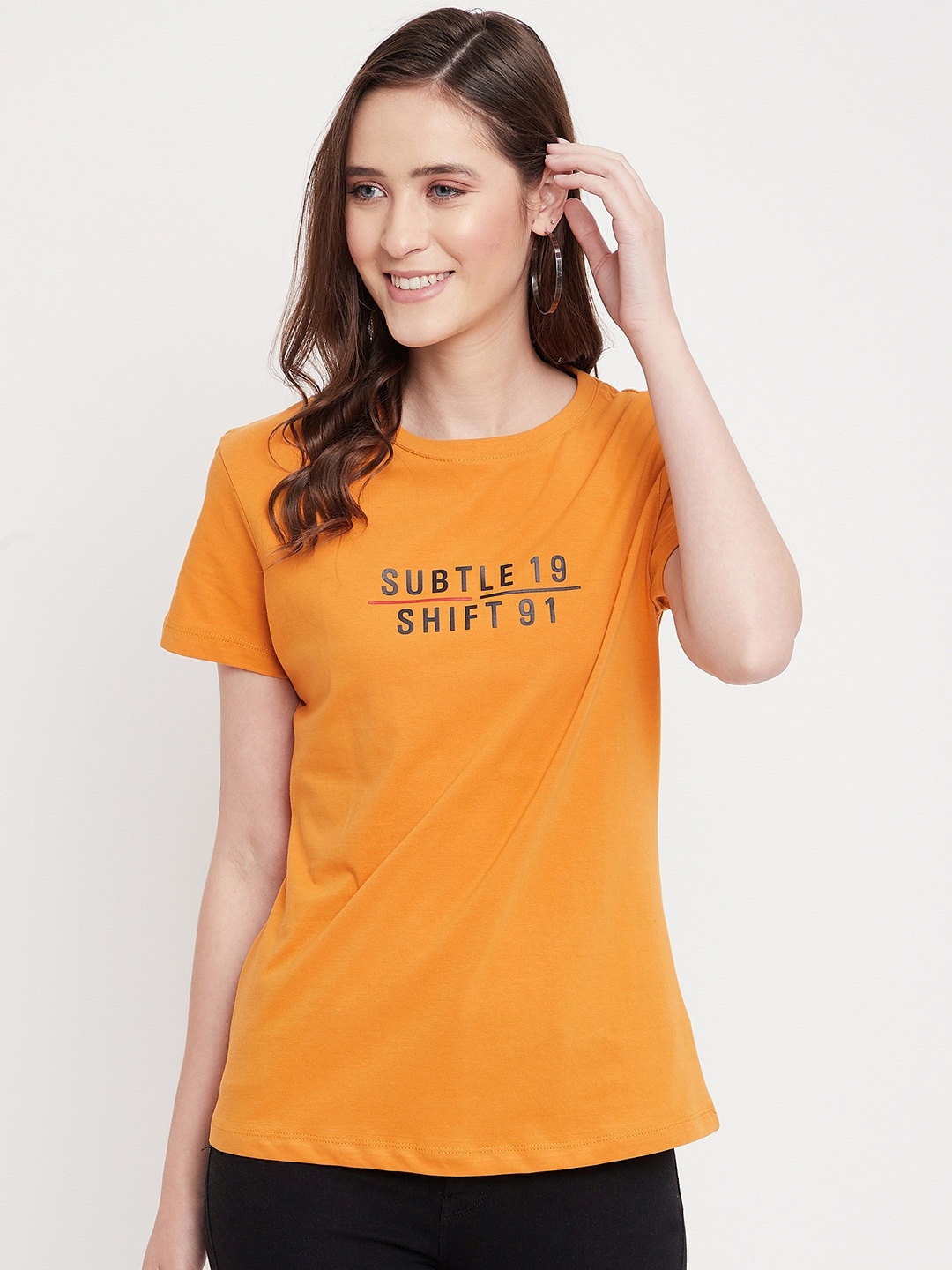 

Octave Women Mustard Yellow Typography Printed Cotton T-shirt