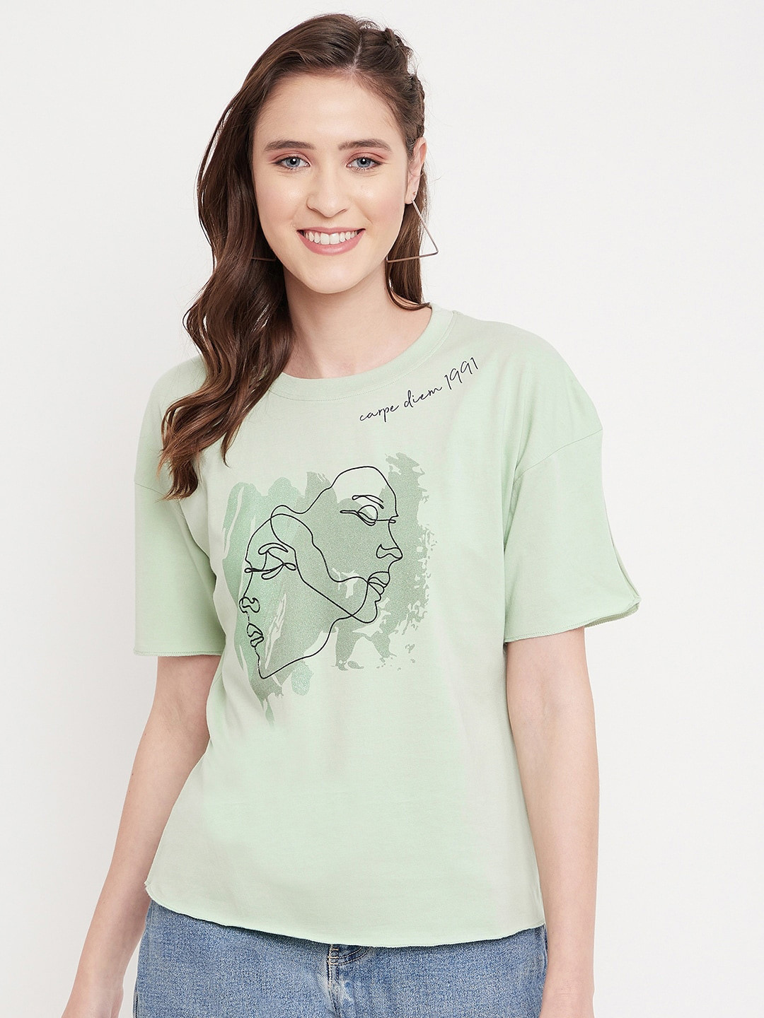 

Octave Women Green Printed Extended Sleeves Cotton T-shirt