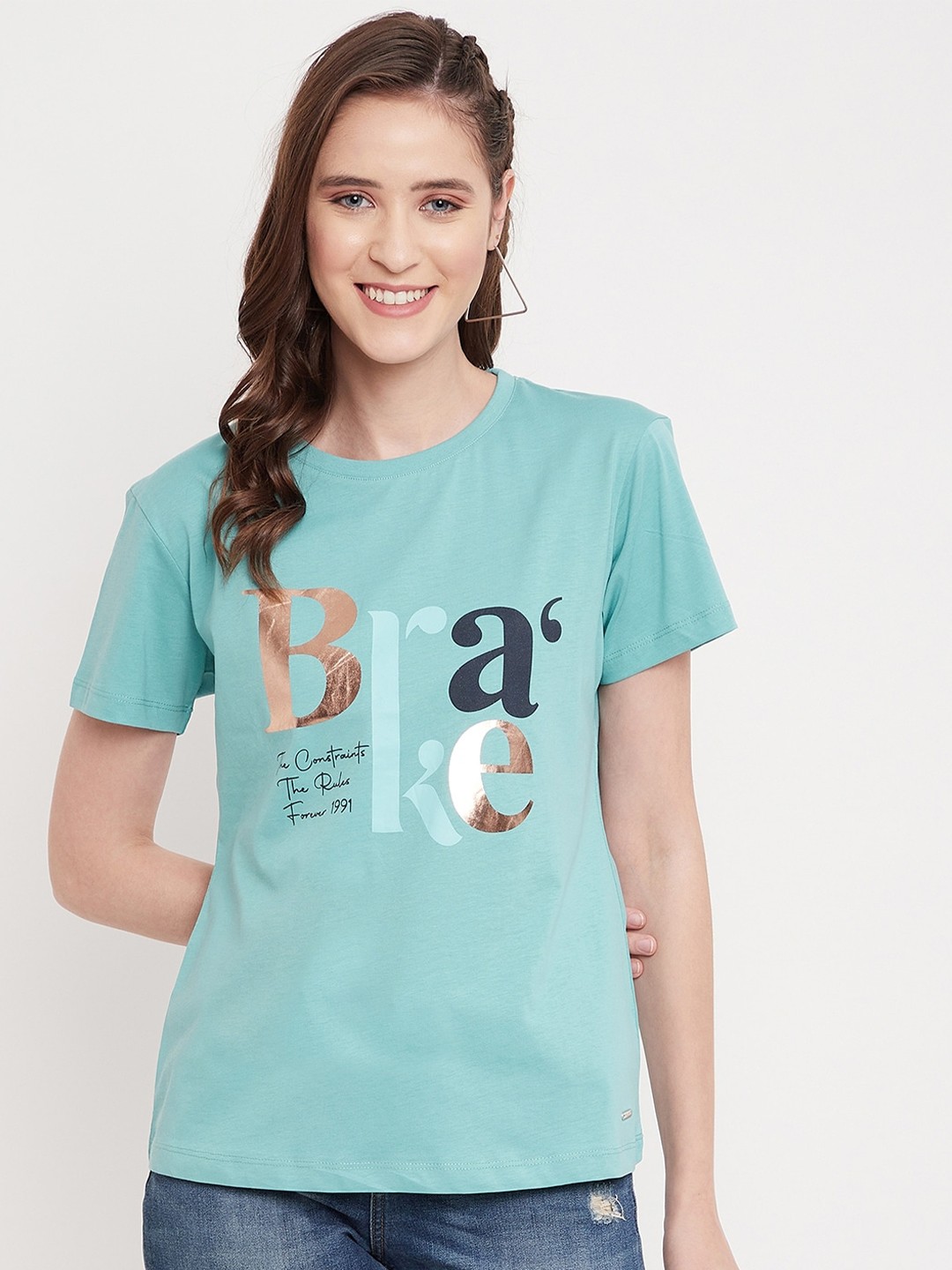 

Octave Women Green Typography Printed Pure Cotton T-shirt