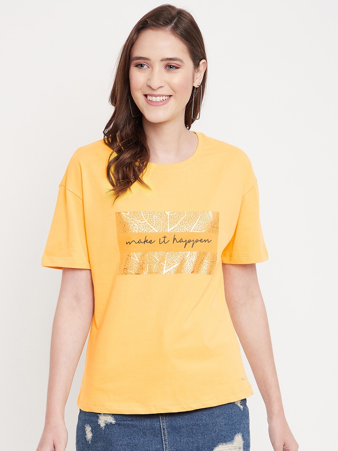 

Octave Women Yellow Typography Printed Drop-Shoulder Sleeves Cotton T-shirt