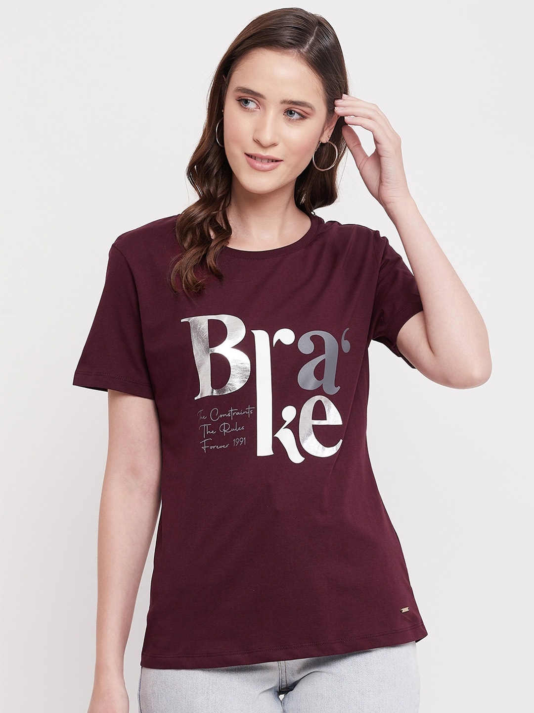 

Octave Women Maroon Typography Printed Pure Cotton T-shirt
