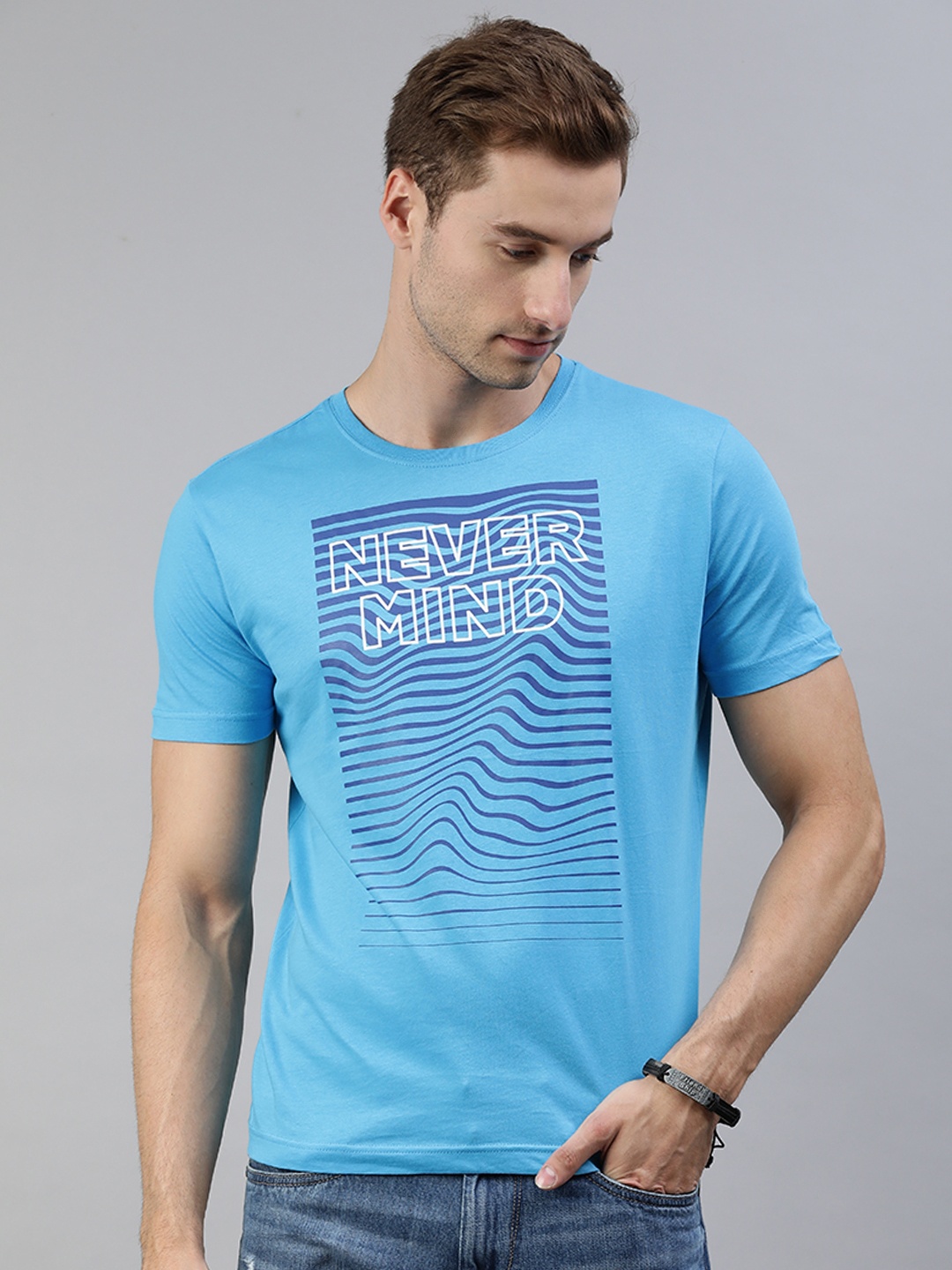 

Huetrap Men Turquoise Blue Typography Printed Pure Cotton T-shirt