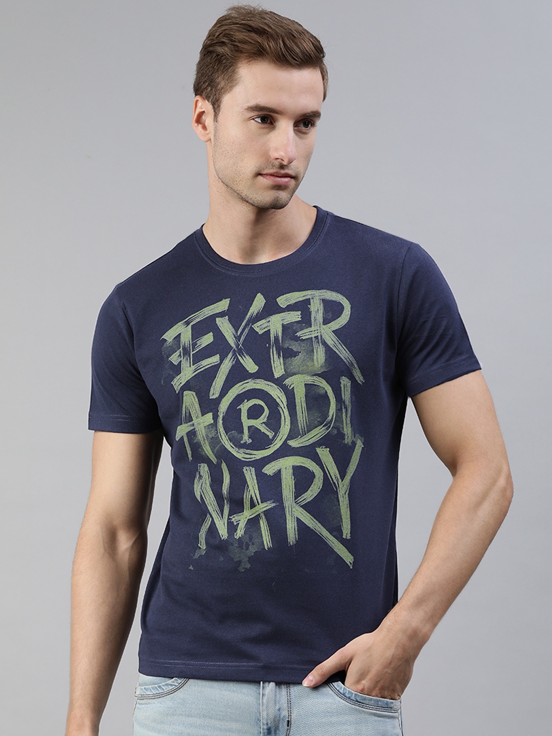 

Huetrap Men Blue & Green Printed Pure Cotton T-shirt