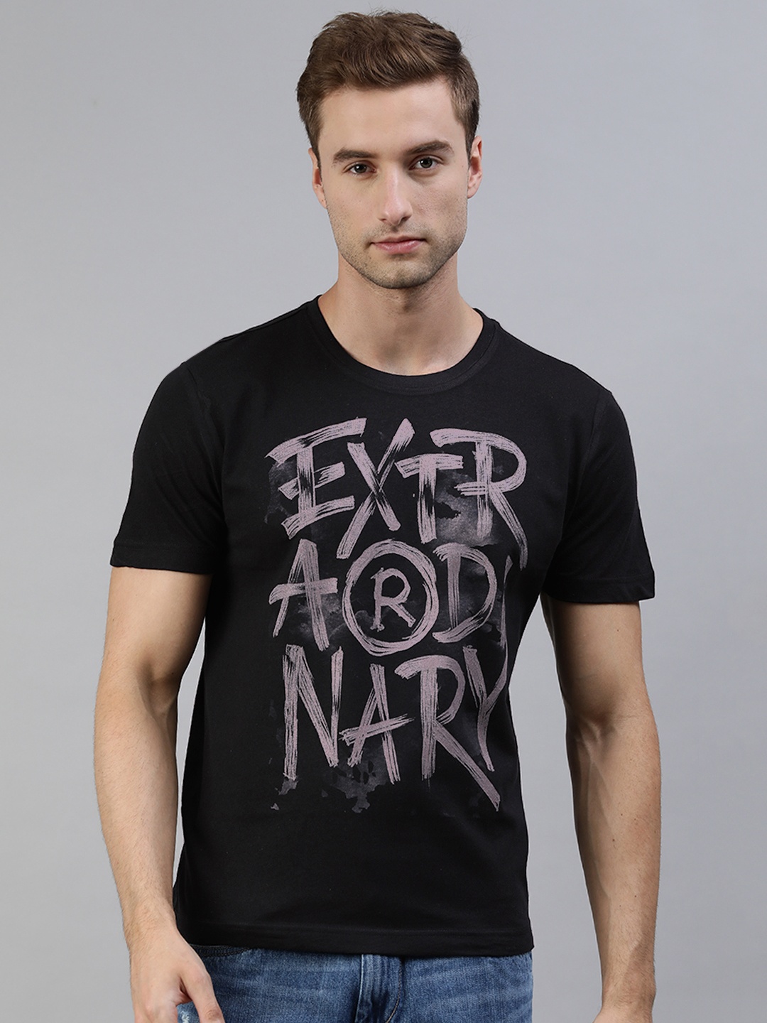 Huetrap Men Black Typography Printed Pure Cotton T-shirt