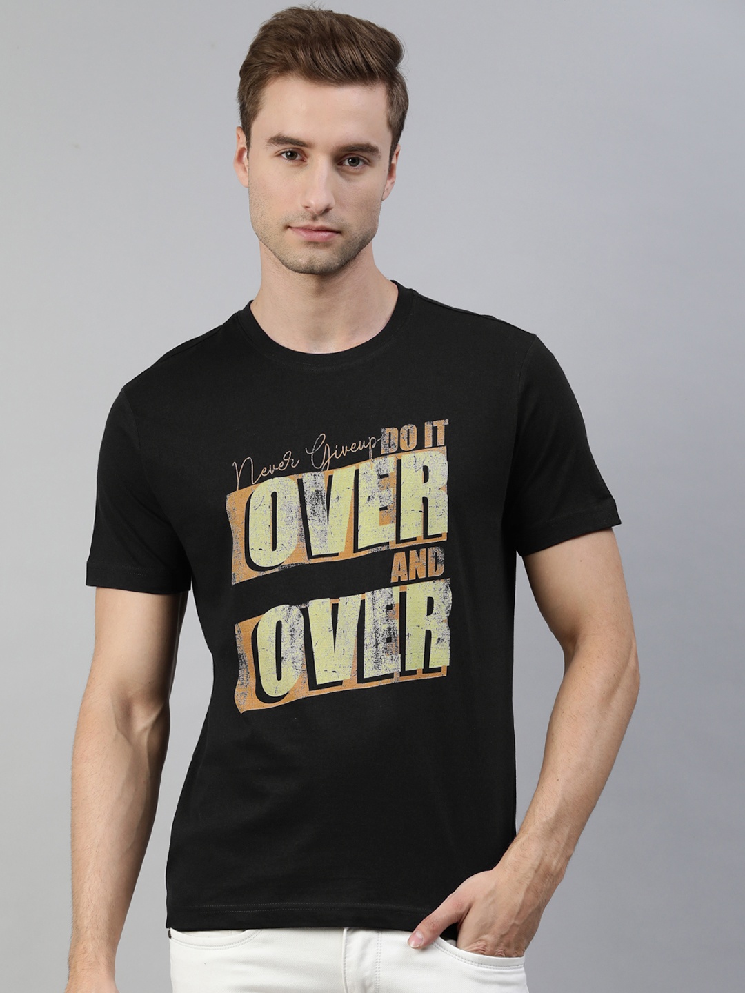 

Huetrap Men Black Typography Printed Pure Cotton T-shirt