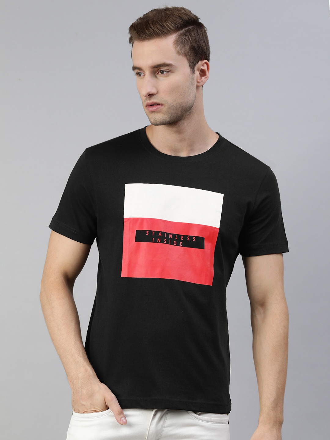 

Huetrap Men Black & Orange Printed Pure Cotton T-shirt