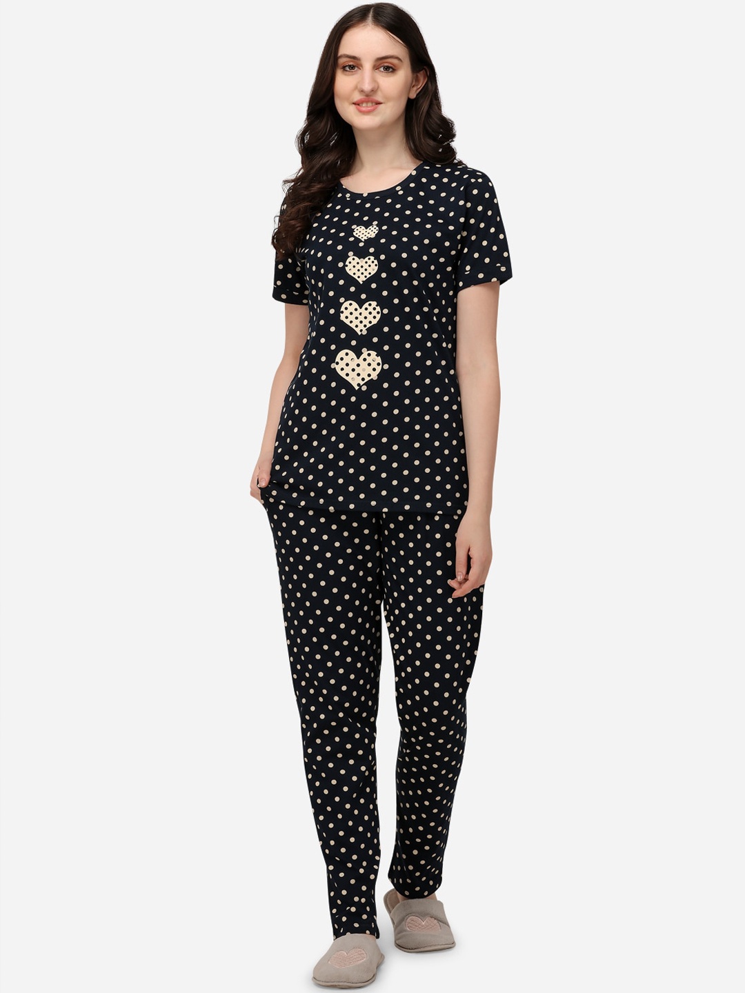 

Lenissa Women Navy Blue & Beige Polka Dots Printed Pure Cotton Night Suit