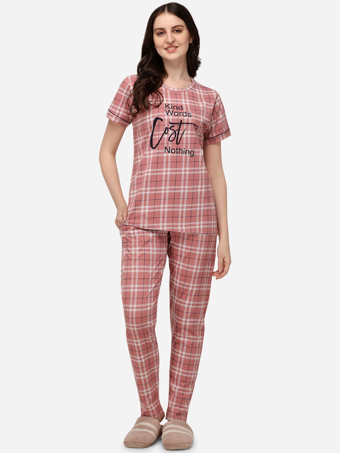 

Lenissa Women Pink & White Checked Cotton Night Suit