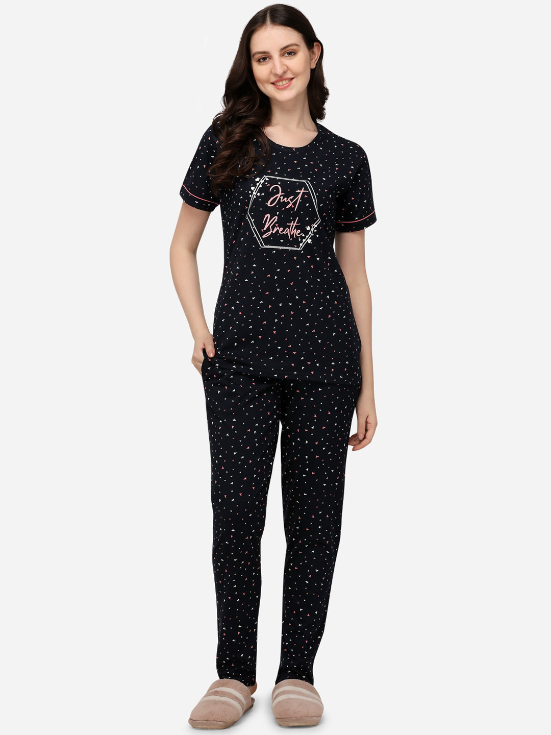 

Lenissa Women Navy Blue & White Printed Cotton Night Suit