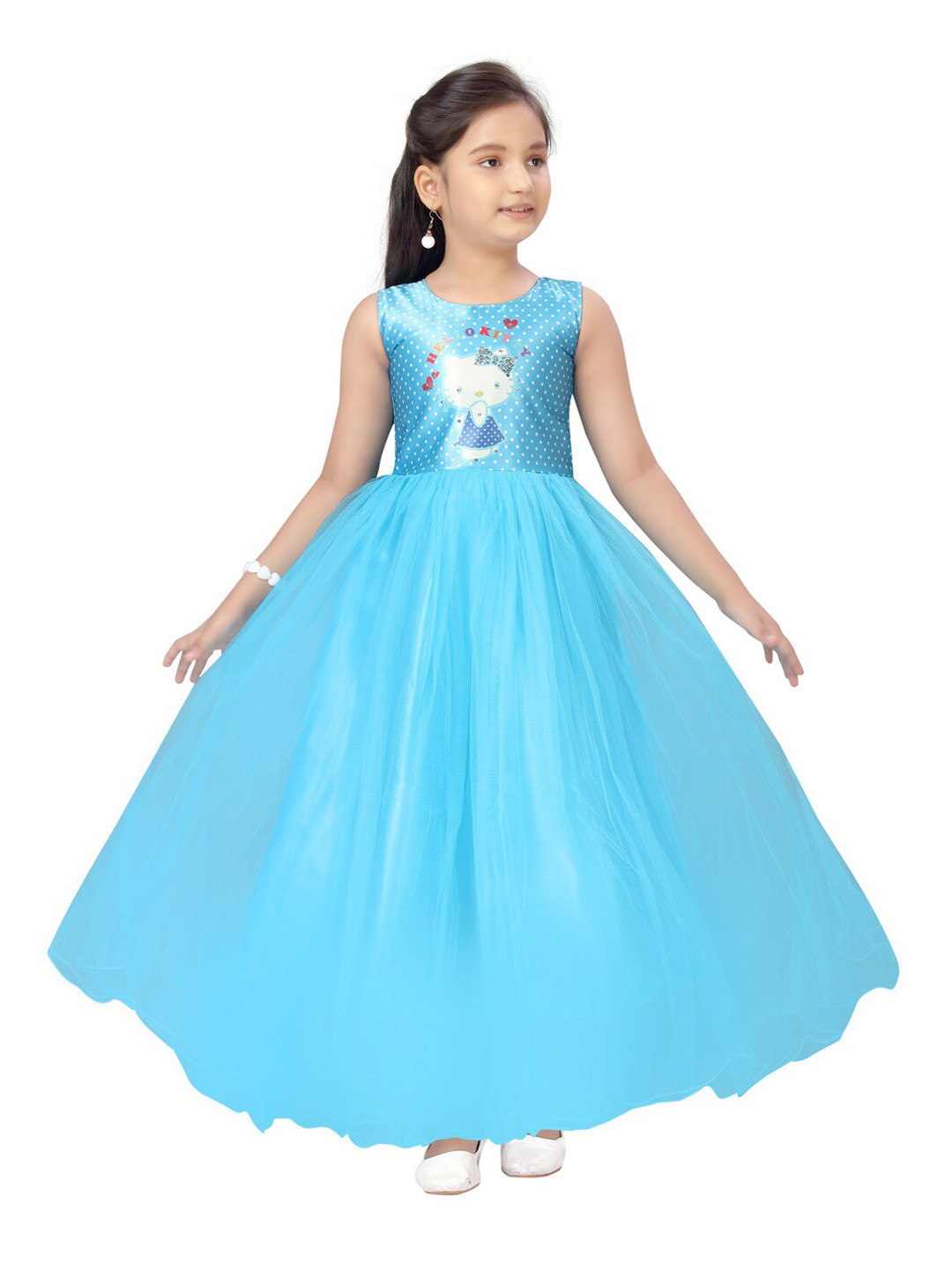 

Aarika Girls Turquoise Blue & White Printed Round Neck Fit & Flare Dress