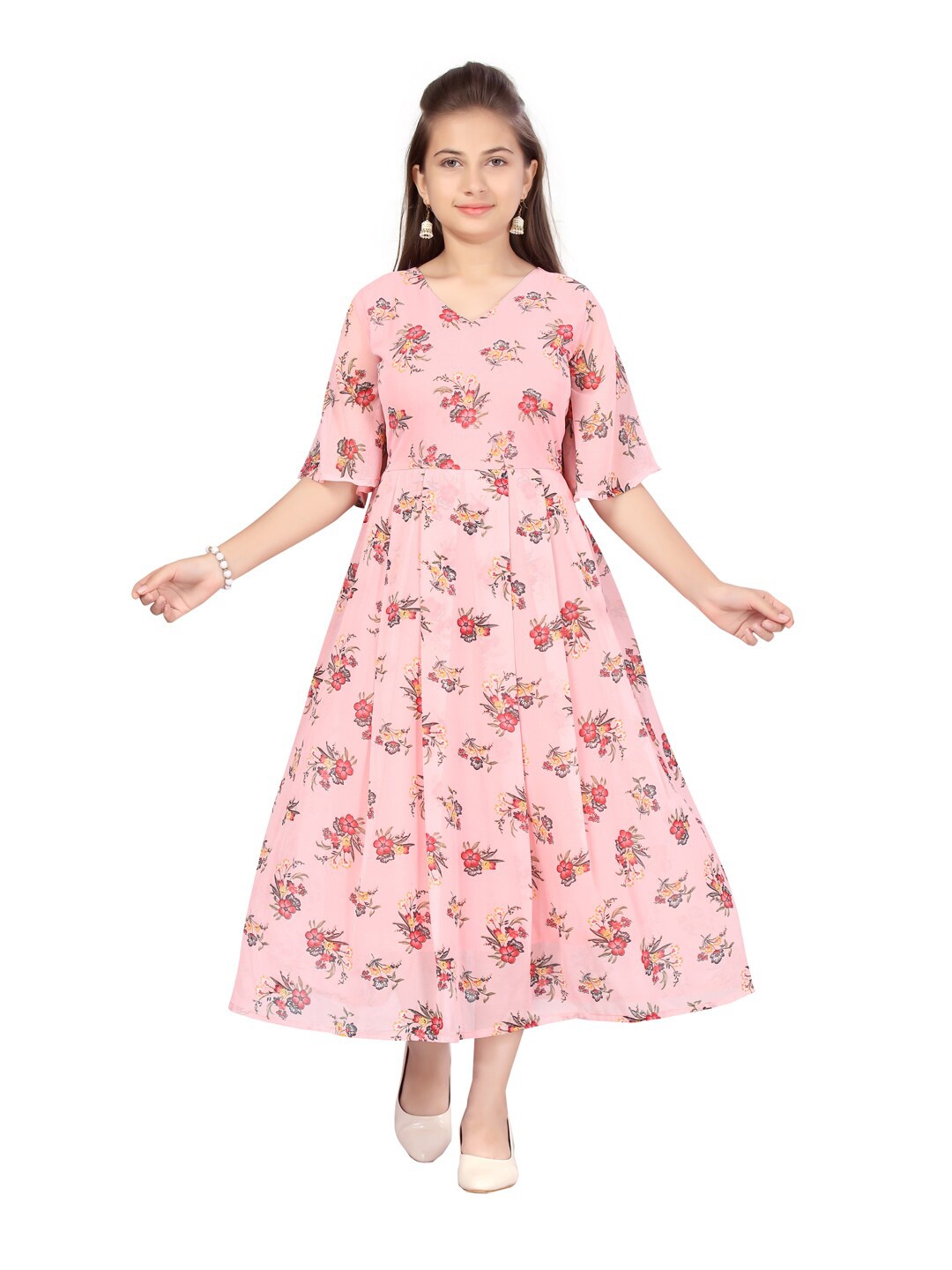

Aarika Peach-Coloured & Red Floral Georgette A-Line Midi Dress