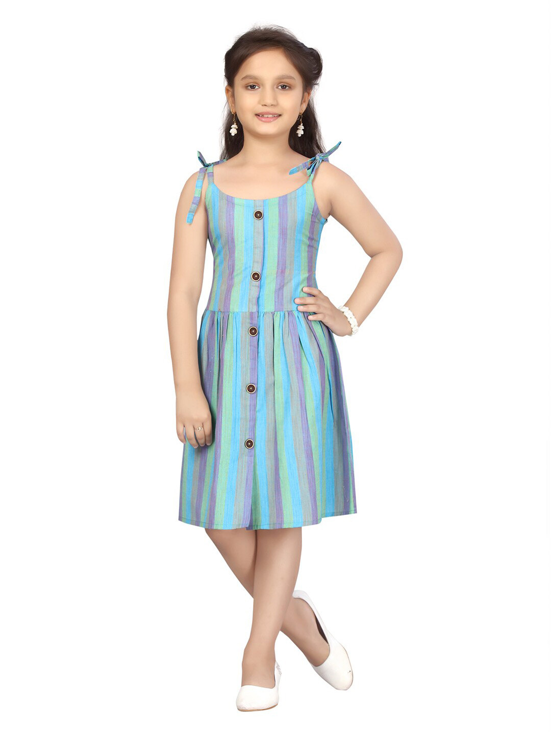 

Aarika Girls Blue Striped Cotton Fit & Flare Dress