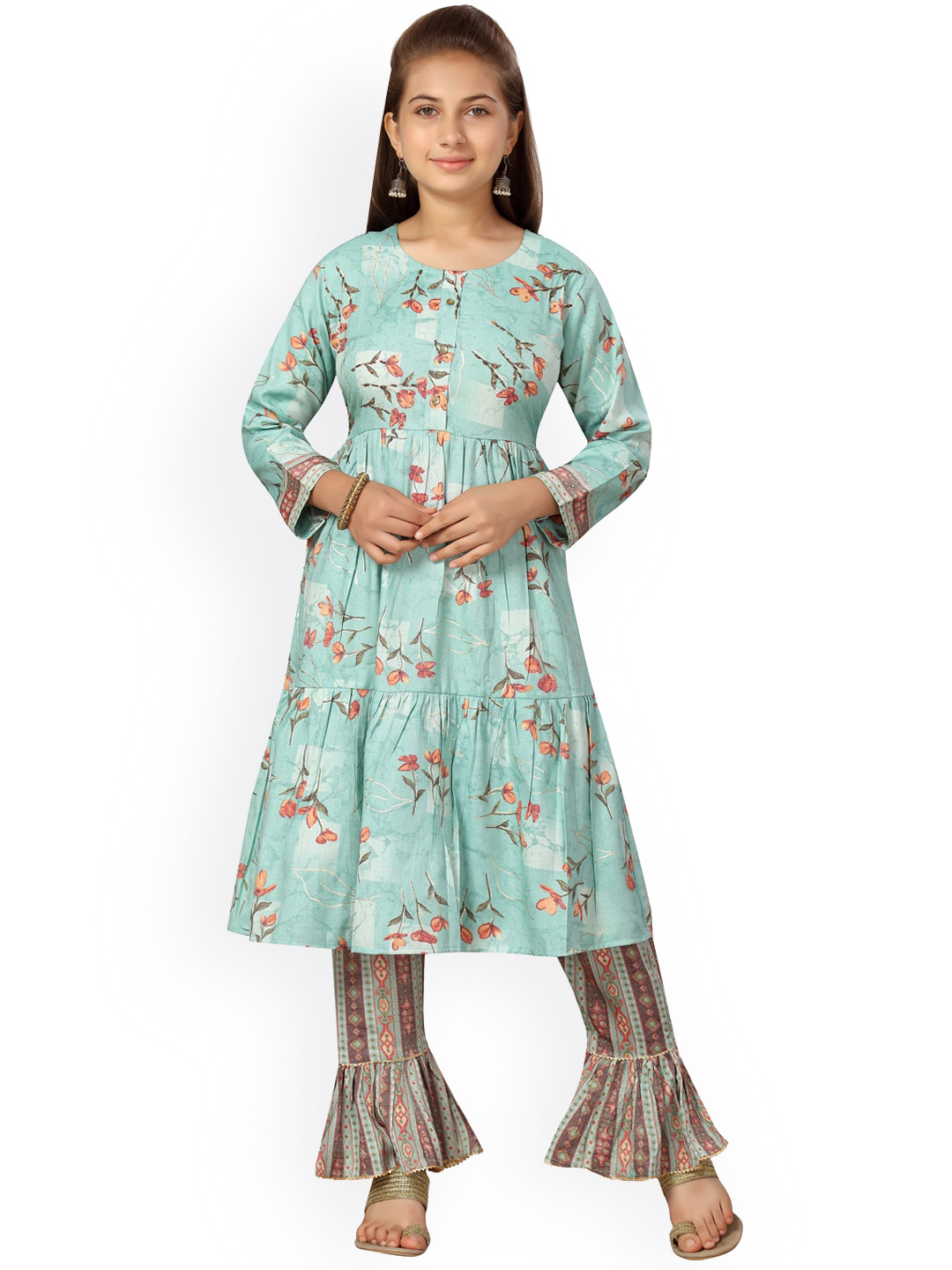 

Aarika Girls Green Floral Embroidered Angrakha Pure Cotton Kurti with Sharara