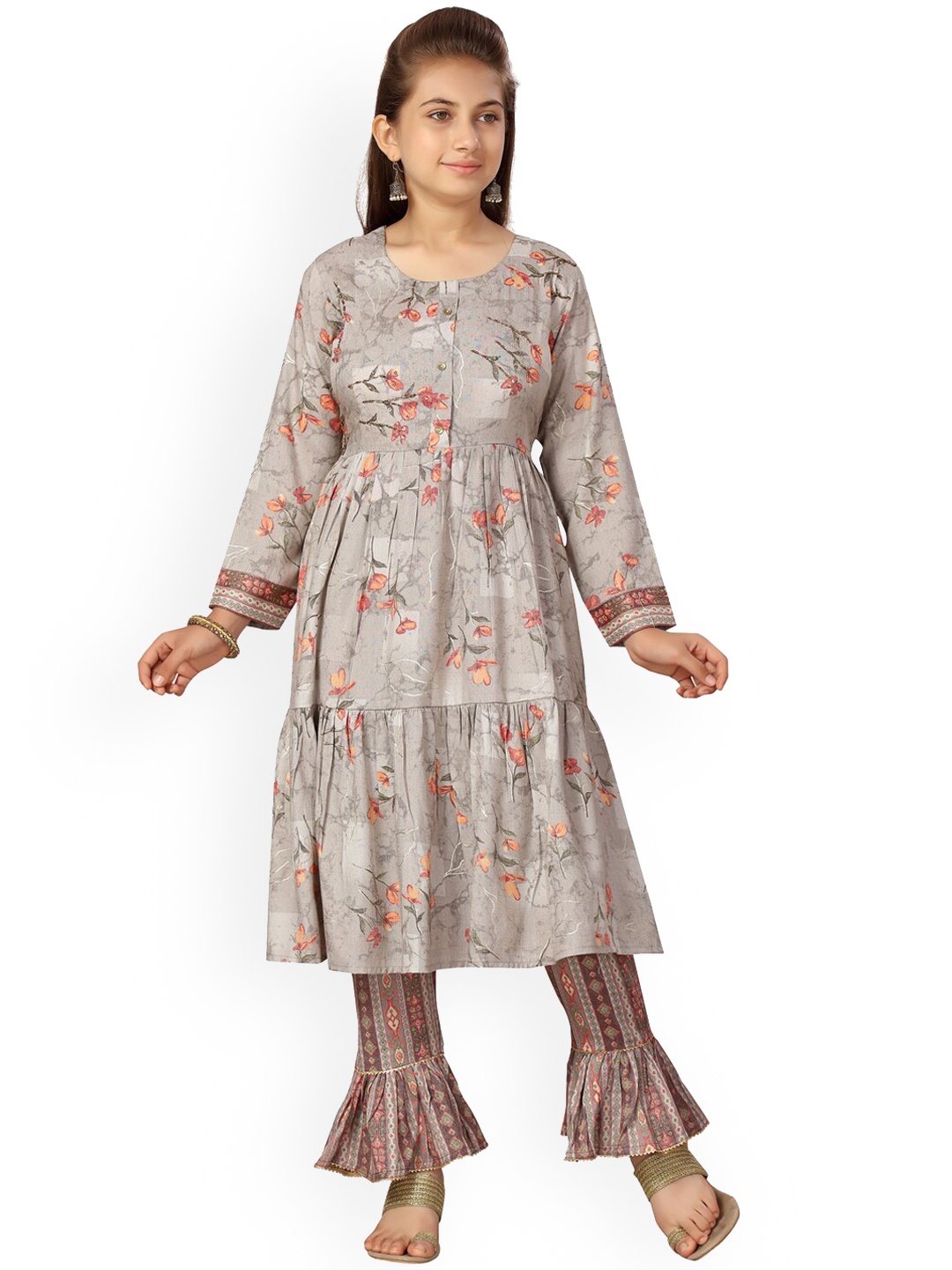 

Aarika Girls Grey Floral Printed Pleated Pure Cotton Kurti with Sharara