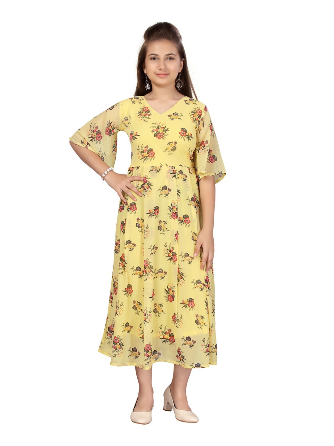

Aarika Yellow Floral Georgette Midi Dress