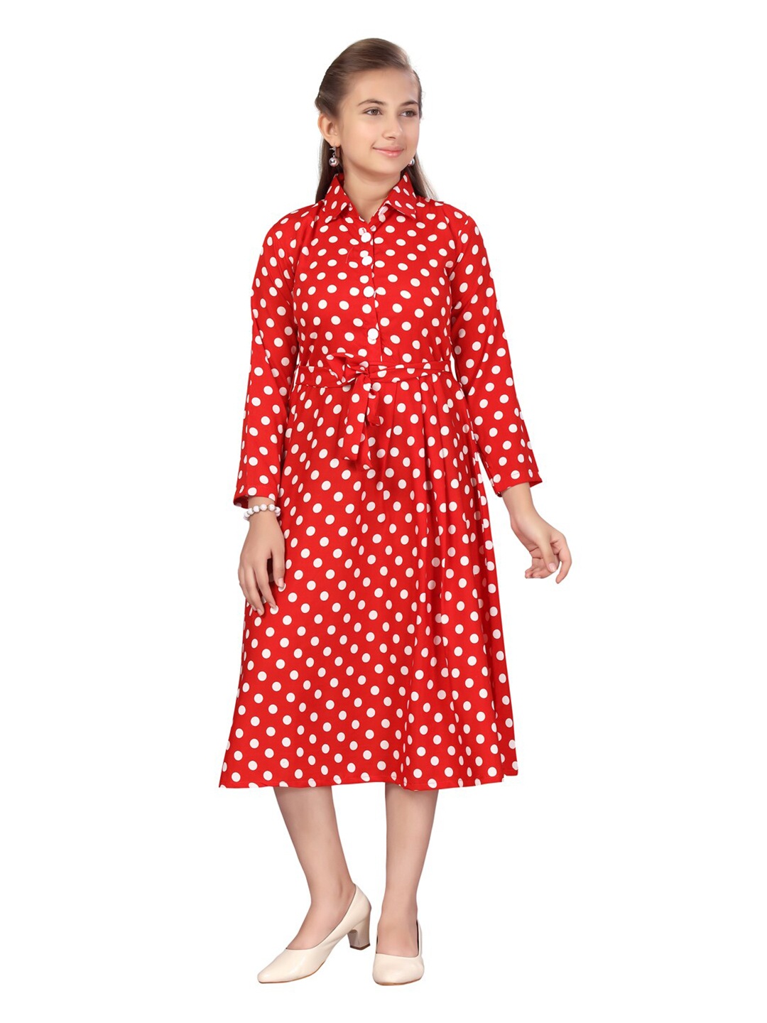 

Aarika Red Polka Dot Georgette Shirt Midi Dress