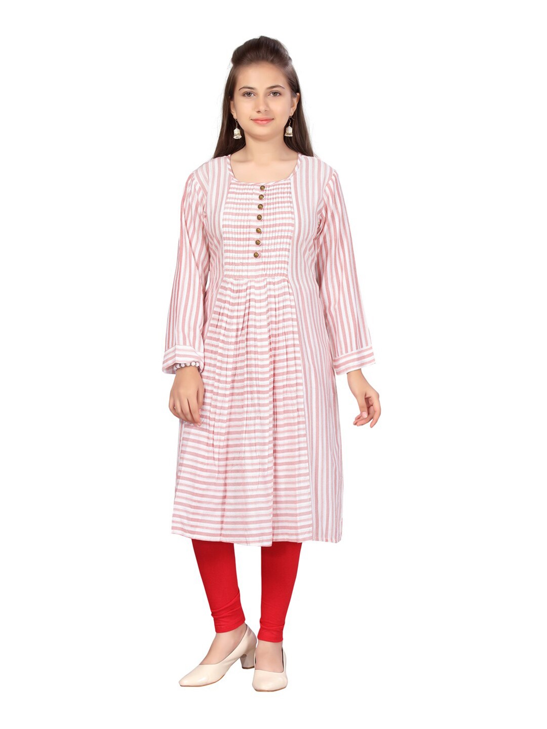 

Aarika Girls Red & White Striped Anarkali Kurta