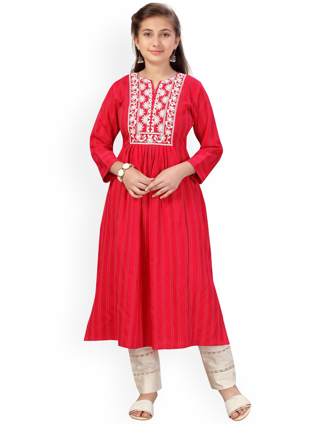 

Aarika Girls Pink Ethnic Motifs Embroidered Angrakha Pure Cotton Kurta with Trousers & With Dupatta