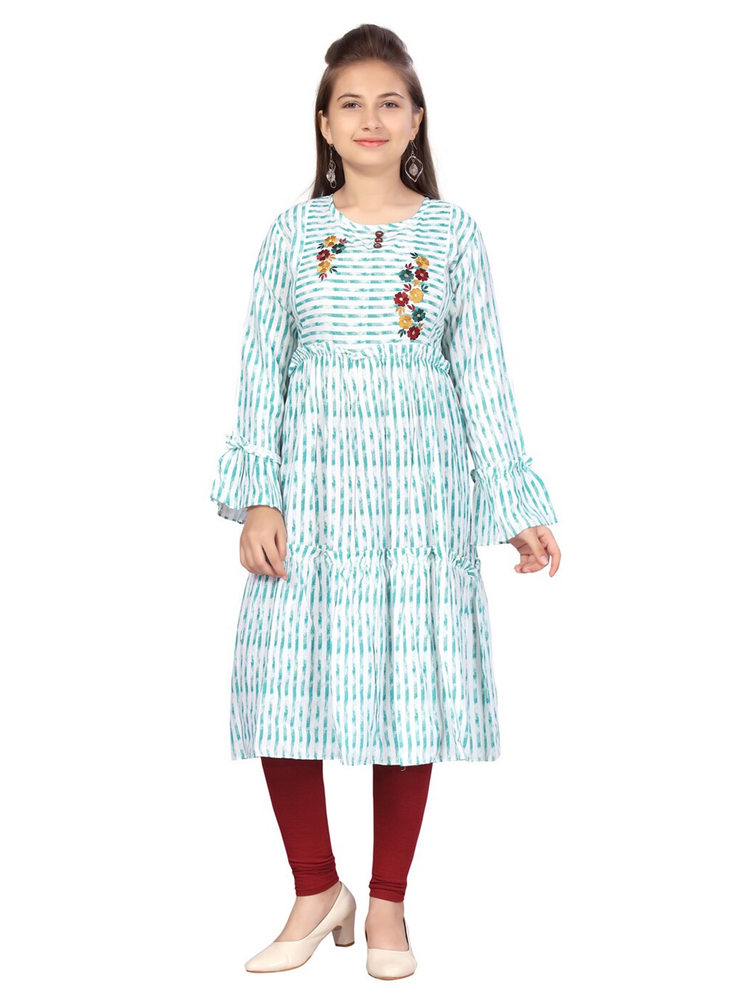 

Aarika Girls Sea Green & White Printed Thread Work Anarkali Cotton Kurta