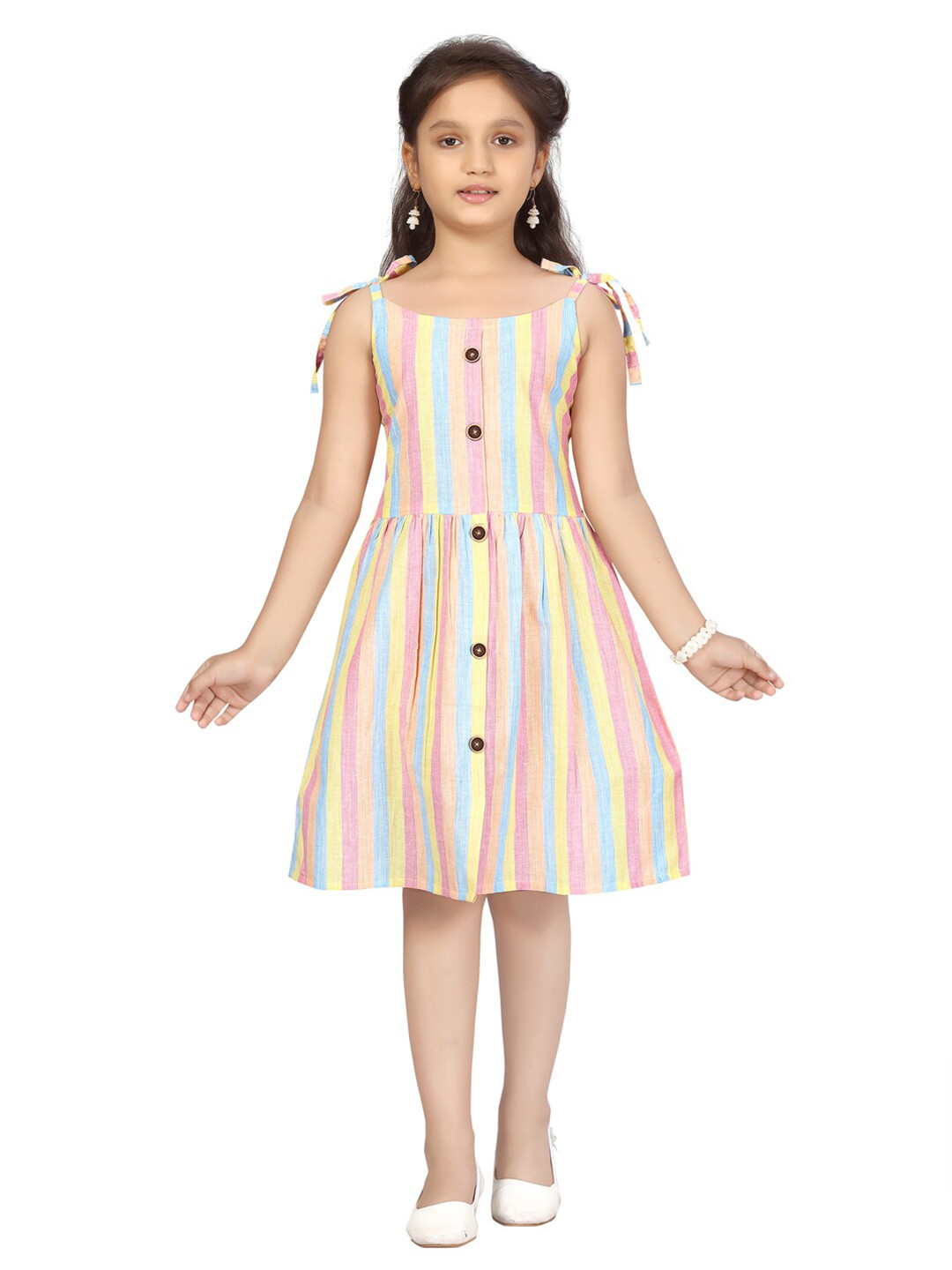 

Aarika Girls Pink Striped Tie Up Fit & Flare Cotton Dress
