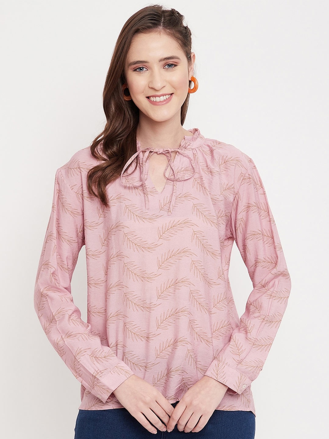 

Octave Pink Tropical Print Tie-Up Neck Ruffles Top