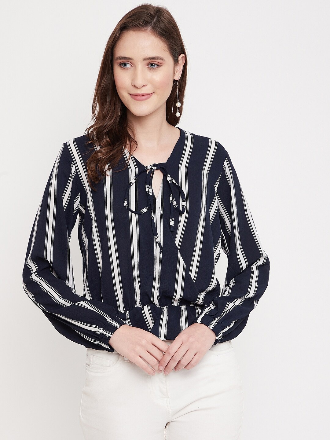 

Octave Navy Blue & White Striped Tie-Up Neck Georgette Top