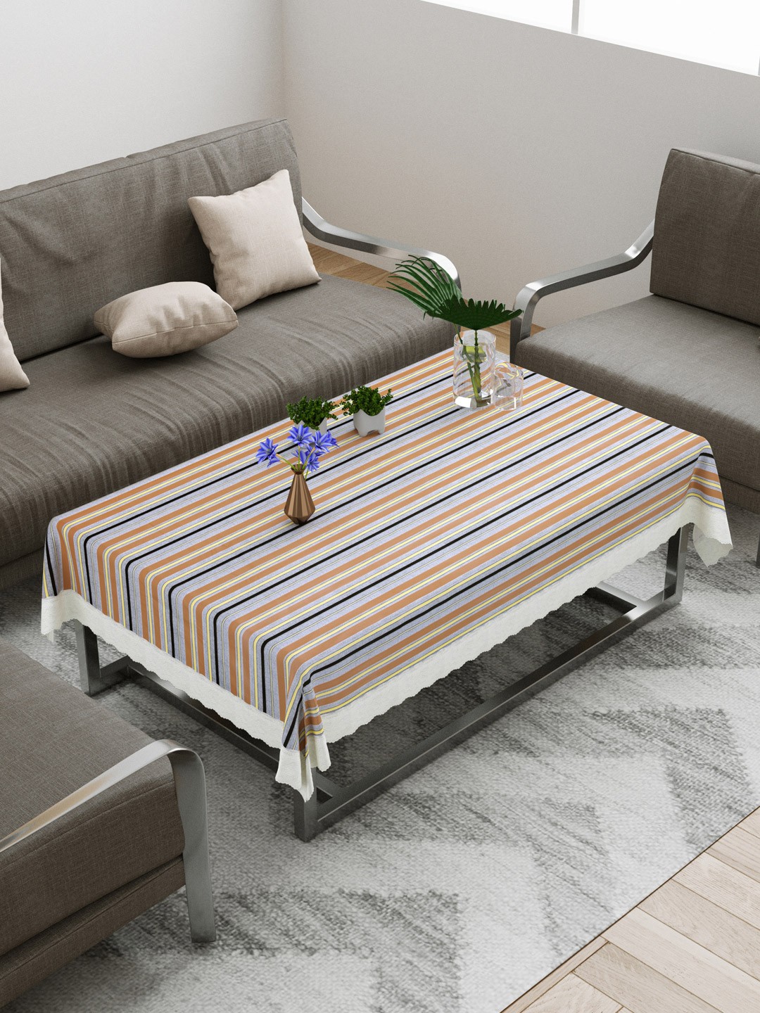 

DREAM WEAVERZ Grey & Black Striped Printed 4-Seater Rectangle Table Cover