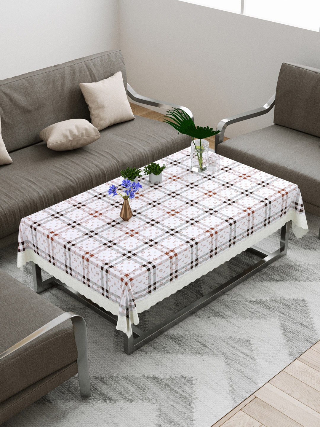 

DREAM WEAVERZ White & Brown Checked Rectangular Center Table